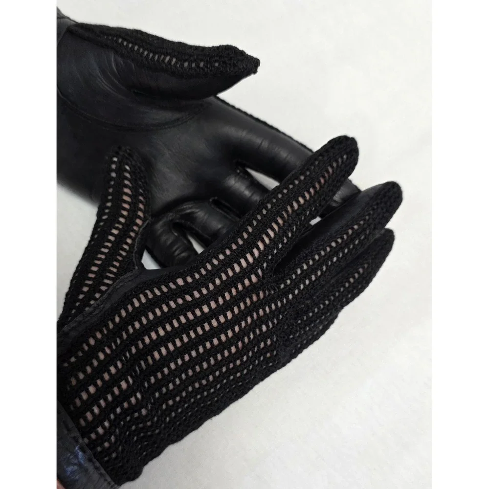 Vintage Style Black Crochet and Leather Driving Gloves Keyhole Back Mens Womens